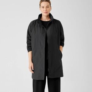 Eileen Fisher Light Cotton Nylon Stand Collar Long Coat L Black Hooded Jacket